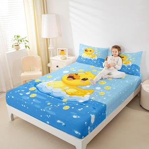 Erosebridal Комплект постельного белья Kids Kawaii Duck с забавными уточками и синей клетчатой расцветкой, Blue Yellow