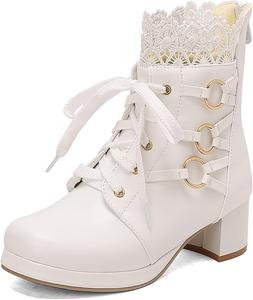 Женские ботильоны с бантом на щиколотке, круглый носок, шнуровка, массивный средний каблук Aikelylmon, 21 White