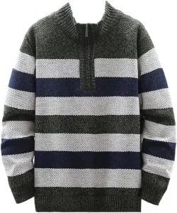 Мужской зимний вязаный пуловер с воротником стойкой, полоска и полумолния