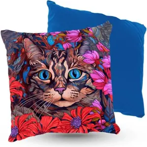 Подушка велюровая ПРЕМИУМ Кот в синих тонах, 40 х 40 см, декоративная с наполнителем, для гостиной, спальни или в подарок 5made