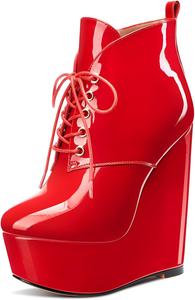 Женские ботильоны на платформе Aachcol, короткие сапожки, шнуровка, закрытый носок, на танкетке с высоким каблуком, праздничные лакированные, каблук 6 дюймов, Red