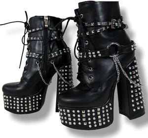 Женские сексуальные ботильоны Frankie Hsu с массивной платформой и высокими каблуками, черные с серебряными заклепками, стиль Готика Лолита, большие размеры для женщин и мужчин US4-14
