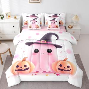Erosebridal Комплект постельного белья Halloween Ghosts с милыми привидениями и тыквами, включает пододеяльник, простыни и наволочки, Pink