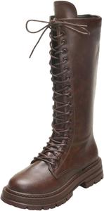 Женские ботфорты ZDLJYL с комфортным массивным каблуком, круглым носком, боковой молнией, модные с шнуровкой, сапоги для верховой езды, Brown