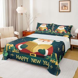 Erosebridal Комплект постельного белья с новогодним принтом Санта Клаус и ёлкой в красных и зелёных тонах, Gold Green Red Black