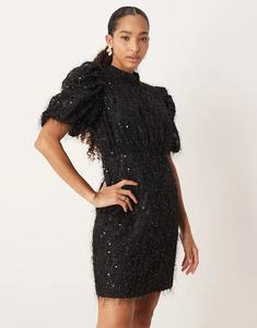 Мини-платье YAS с пышной текстурой и пайетками черного цвета