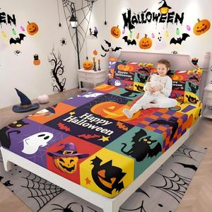 Erosebridal Комплект постельного белья Happy Halloween с тематическим принтом тыквы, летучих мышей и кошек в готическом стиле, Multi 22