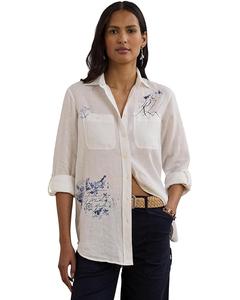 Рубашка Lauren Ralph Lauren Petite Relaxed Fit Print Roll-Tab Sleeve Shirt, белый