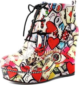 Женские ботильоны Eldof Wedge с круглым носком, шнуровкой и бисером, высокие на каблуке 4 дюйма, из лакированной кожи, Multi Color