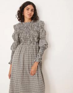 Платье миди YAS с длинными рукавами и сборками в бежевую клетку