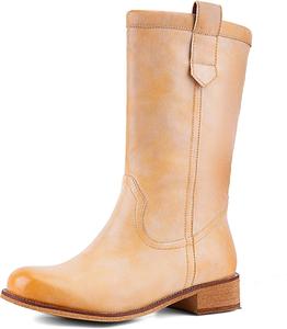 Женские сапоги до середины икры, на подъем, осенние ездовые сапоги, с круглым носком, удобные, с низким массивным каблуком, повседневные платьевые ботинки JilTrdWei, Pale Yellow