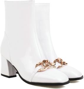 Женские массивные ботильоны TNXZ с средним каблуком, квадратным носком и молнией, блок-каблук, лакированная кожа, короткие сапожки для широких голеней, White