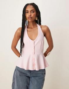 Жилет ASOS DESIGN с застежкой на пуговицы и халтер-воротником, присборенный на талию, нежно-розового цвета
