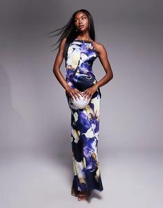 Платье макси ASOS DESIGN из атласного шифона с квадратным вырезом и высоким воротом, с принтом на черной основе