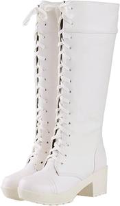 Женские высокие ботинки до колена на шнуровке, панк-ботинки в стиле милитари, с массивным каблуком и платформой, готические ботинки из искусственной кожи, средние по голенище, с круглым носком, для верховой езды Generic, White