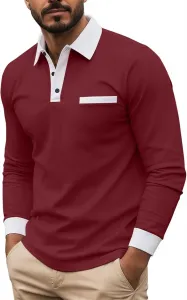 Мужская поло с длинным рукавом, классический воротник на пуговицах, карман, slim fit