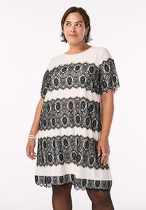 Платье Zizzi MIT KONTRASTFARBENEN SÄTZEN, Birch W Black Lace/Sand