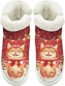 Зимние Ботинки на Легком Надевании для Женщин и Мужчин с Эластичной Липучкой у Щиколотки, Пушистые Снежные Ботинки с Меховой Подкладкой, Удобные, Нескользящая Подошва Cugasmaru, Cat Christmas Decor