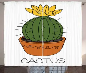 Штора ABAKUHAUS "Кактус в деревенском стиле", растение с желтыми цветами, присборенная штора для спальни с петлями и крючками, 280 x 245 см, цвет: оранжевый, зеленый, желтый Abakuhaus