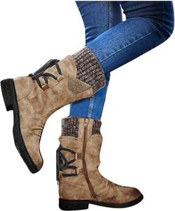 Женские зимние ботинки западного стиля с мехом до середины икры, легкие замшевые ботинки на молнии, милые зимние туфли для женщин 2025 Generic, #E09-Khaki