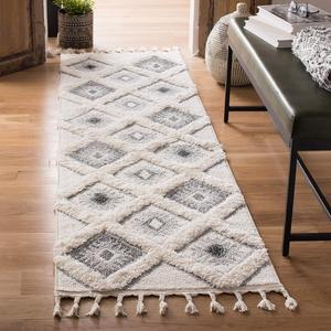 Ковер-дорожка SAFAVIEH, 69 x 366 см, Moroccan Tassel Shag Collection, Ivory & Grey, дизайн в стиле бохо, не линяет и прост в уходе, идеально подходит для помещений с высокой проходимостью в гостиной, спальне (MTS601F)