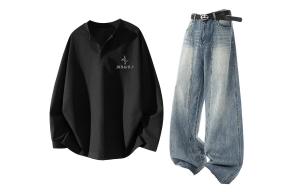 Повседневная спортивная одежда Unisex с лацканом Moderate X1617, черный top+синий jeans