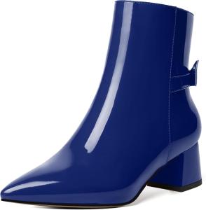 Женские ботильоны MODENCOCO с молнией, стильное платье, свадебные, заостренный носок, бант, лакированные, массивный низкий каблук, 5 см, Royal Blue