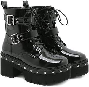 Женские готические лакированные ботильоны на щиколотку, с круглым носом, массивной подошвой, платформой, высокими каблуками, на шнуровке, боевые ботинки Generic, Black