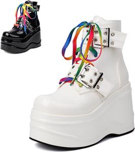 Женские кожаные лаковые ботильоны на танкетке с пряжкой, платформой, панк-стиле, с круглым носком, для осени и зимы, на шнуровке, с боковой молнией, готические, рейв, Y2K, байкерские ботинки для вечеринок и езды на мотоцикле WYUETRA, White