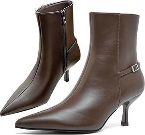 Женские ботильоны из натуральной кожи с острым носком и каблуком-ретро, на молнии сбоку, стильной декоративной пряжкой, для вечеринок, короткие ботинки TZNBGGE, Brown