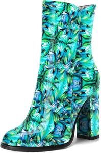 Женские лакированные ботильоны NUMALEO на молнии с круглым носком, сексуальные, для вечеринок, с высоким каблуком 4 дюйма, Green Blue Paint