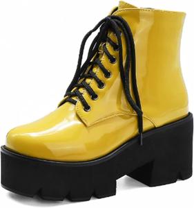 Женские кожаные ботинки на платформе с шнуровкой, с боковой молнией, круглым носком, массивной подошвой, мотоциклетные, для вечеринок, повседневные Generic, Yellow