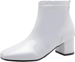 Женские ботильоны Parisuit из лакированной кожи с квадратным носком, массивным невысоким каблуком и задней молнией, закругленный носок, короткие платьевые ботинки, Square Toe White