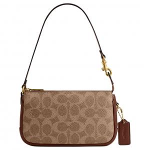 COACH Искусственная кожа с натуральной кожаная сумка через плечо маленькая женская коричневая желтая