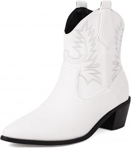 Кожаные классические ковбойские ботильоны Cozivwaiy с вышивкой для женщин, заостренный носок, ботинки до щиколотки в западном стиле, с удобным каблуком, White-1
