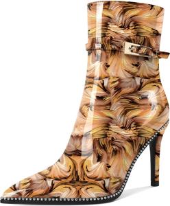 Женские ботильоны Soireelady с заостренным носком и высоким каблуком, украшенные бисером, короткие ботинки с металлической пряжкой и боковой молнией, каблук 10 см, Floral Brown