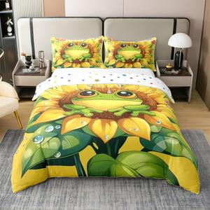 Erosebridal Комплект постельного белья из 100% хлопка с принтом лягушек и подсолнухов в деревенском стиле, Green Yellow