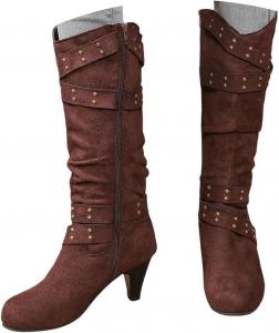 Женские ковбойские сапоги с круглым носком, с низким каблуком, замшевые ковбойские сапоги с заклепками, зимняя обувь Kldyj, Brown