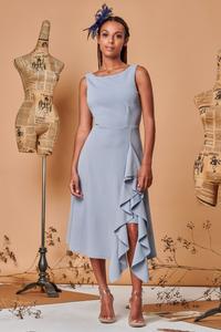 Платье миди с приталенным верхом расклешенным низом и рюшами Jolie Moi, синий