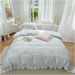 YUSIWOAL Комплект постельного белья с вышивкой цветами, кружевом и рюшами в стиле принцессы 800TC Blu