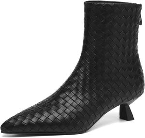Женские плетеные ботильоны TinaCus, кожаные, с ручной отделкой, заостренный носок, молния сзади, низкий каблук, короткие ботинки, Black