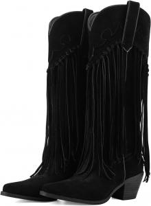 Женские ковбойские сапоги Fringe Knee High с вышивкой, заостренным носком, массивным каблуком и бахромой, в западном стиле POYOIOR, Black