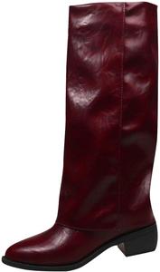 Высокие сапоги до колена для женщин с широким голенищем: свободные грубые высокие каблуки, длинные сапоги, боковая молния, заостренный носок, нарядная обувь для свадеб и вечеринок Generic, Red