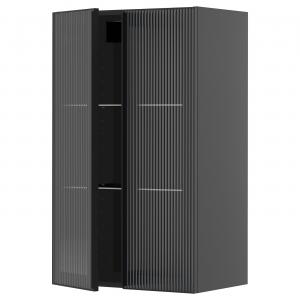 Настенный шкаф с полками/2 стеклянные дверцы, черно-серый/рифленое стекло Hejsta антрацитового цвета, 60x100 см IKEA Metod