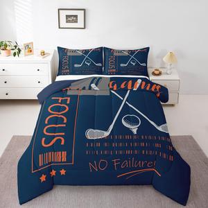 Erosebridal Комплект постельного белья Golf Sports Theme для детей, темно-синий с оранжевым, утепленное одеяло с тематикой гольфа, Orange and Dark Blue