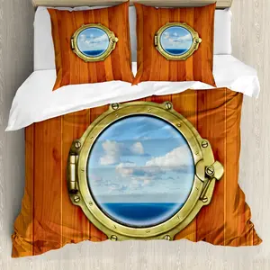 Пододеяльник ABAKUHAUS в морском стиле с изображением старого парусного судна, с защитой от клещей, подходит для аллергиков, с наволочками, 155 см x 220 см - 80 x 80 см, темно-оранжевый с бледно-голубым оттенком Abakuhaus