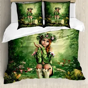 Пододеяльник ABAKUHAUS "Сказочная девочка-эльф с венком и деревом", с защитой от клещей, подходит для аллергиков, с наволочками, 200 см x 200 см - 80 x 80 см, зеленый, бежевый, розовый