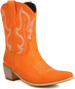 Женские ковбойские сапоги в западном стиле с вышивкой, средние по голени, замшевые, с острым носком и массивным каблуком, ботильоны Shinelly, Orange