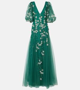 Платье из тюля с цветочной аппликацией и люрексом Costarellos, зеленый