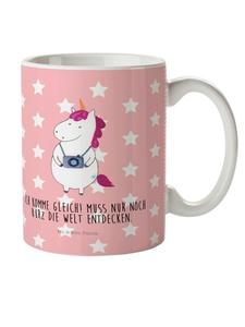 Детская кружка Фотограф-единорог с надписью в пастельно-красных тонах Mr. & Mrs. Panda